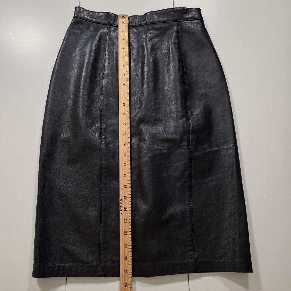 Liz Harbosin Black Leather Skirt 12 VTG Midi Lined Back Zip Slit Canada Bossy - Picture 6 of 16
